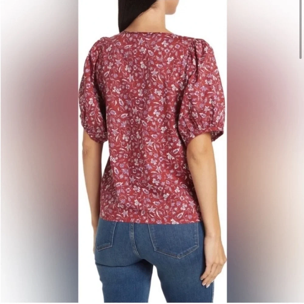 Madewell V-Neck Puff Sleeve‎ Top Batik Vine Weathered Brick Size XS